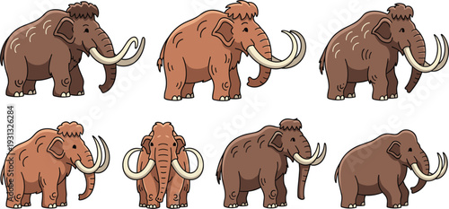 Cartoon Mammoth Character Set with Different Poses Prehistoric Ice Age Animal Illustration Collection Isolated on White Background Vector Design