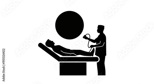 Medical examination with ultrasound device and patient on examination table, silhouette illustration