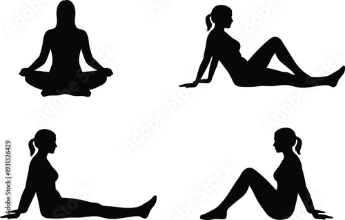 Woman yoga and fitness silhouettes set, female stretching and meditation poses isolated black figures on white background