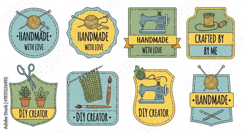 Handmade craft labels with sewing machines yarn and plants on colorful backgrounds for diy projects and small businesses