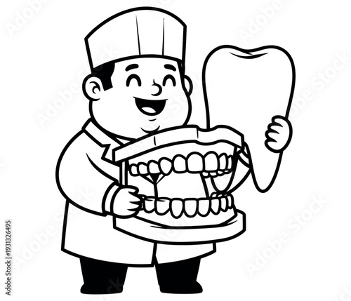 Cheerful Dentist Cartoon Holding Oversized Tooth and Jaw Model Illustration – Black and White Vector for Kids, Education, and Dental Designs