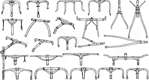 Detailed Collection of Vintage Bicycle Handlebar and Component Designs, Historical Cycling Engineering Technical Illustrations, Antique Bike Parts Blueprint Art