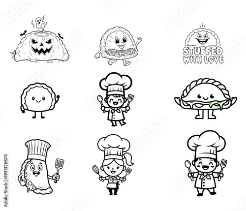 Cute Cartoon Empanadas & Chef Characters | Black & White Illustrations | Fun Food Art, Halloween & Logo Designs, “Stuffed with Love”