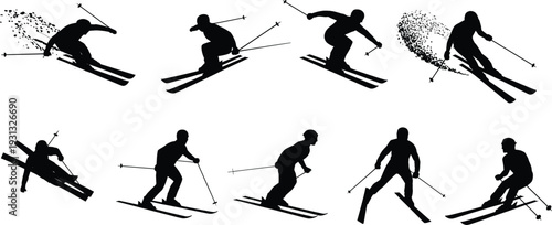 Set of black silhouettes of men and women playing winter sports like skiing, snowboarding, and hockey in vector illustration style