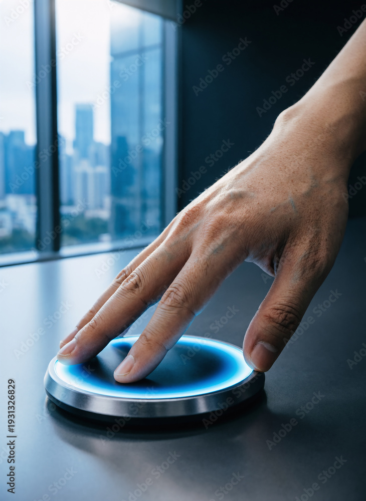 Fototapeta premium Hand pressing glowing blue button, futuristic technology, urban cityscape background, innovation concept