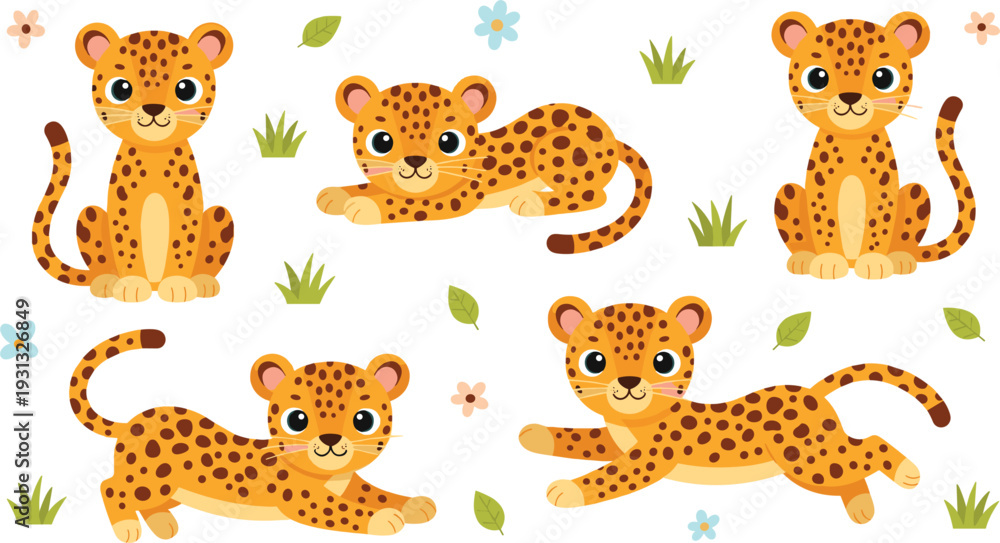 Naklejka premium Cute Cartoon Leopard Cub Character Set with Playful Poses and Tropical Foliage for Kids Nursery Decor, Educational Wildlife Books, and Pattern Designs