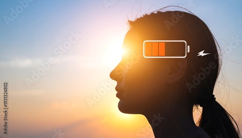 Silhouette of a womans head against a sunset with a low battery symbol superimposed, symbolizing mental fatigue or low energy levels.