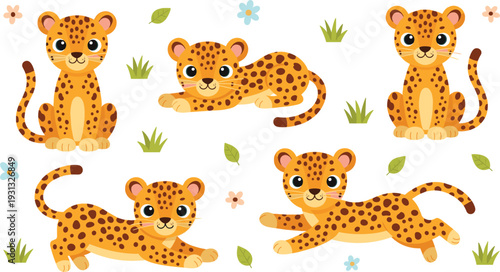 Cute Cartoon Leopard Cub Character Set with Playful Poses and Tropical Foliage for Kids Nursery Decor, Educational Wildlife Books, and Pattern Designs