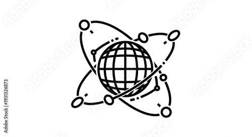 Globe with orbiting lines and dots.