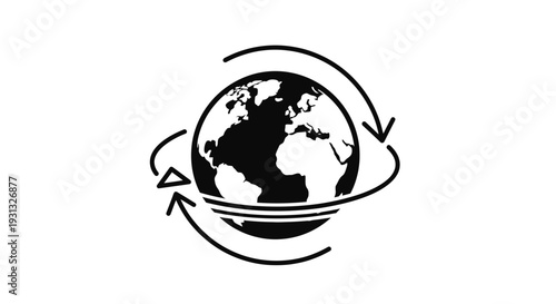 Globe with rotating curved arrows around.