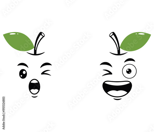 Cute Cartoon Apple Characters Vector – Surprised & Cheerful Expressions with Green Leaf and Stem – Fun Food Illustration for Kids, Stickers, T-Shirts, and Printables