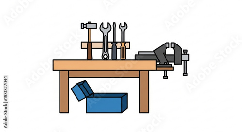 Wooden workbench with tools and open blue toolbox underneath workshop scene with vice and wrenches