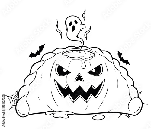 Scary Halloween Monster Slime Cartoon Creepy Ghost and  Bat Black and White Coloring Page Illustration