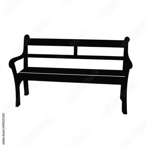 A Silhouette of a Classical Black Garden Bench with Wooden Slats
