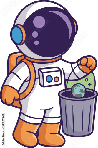 Cartoon astronaut discarding Earth — white spacesuit, purple helmet, green bag, symbolic trash can scene with environmental and space themes