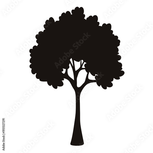 Black Silhouette of a Deciduous Tree with Dense Foliage on White Background