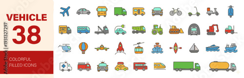Collection of 38 colorful vehicle icons including cars, trucks, and airplanes displayed on a white background from various viewpoints