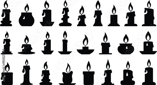 Collection of black candle silhouettes with melting wax and burning flames for atmospheric lighting and memorial design elements