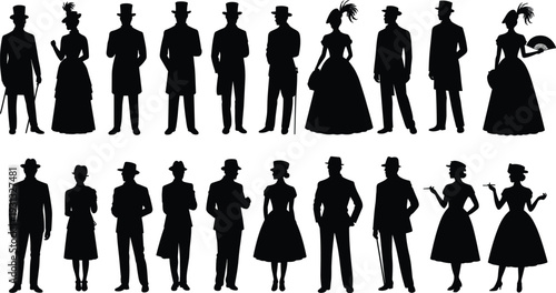Vintage fashion silhouette illustration, historical clothing styles, 19th century attire, mid 20th century fashion, retro costumes, cultural evolution artwork