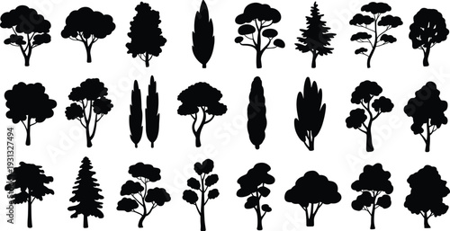 Tree silhouettes collection, black forest shapes, nature illustration, botanical design, landscape elements, environmental art, foliage patterns, seasonal trees, graphic resources, vector inspiration