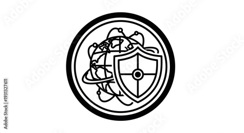 Shield emblem with sword and globe.
