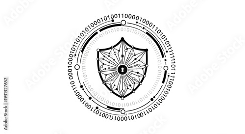 Shield with binary code circle.