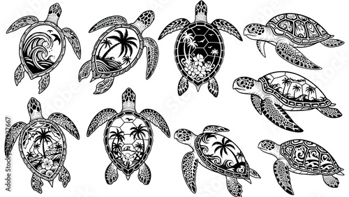 Collection of Detailed Tattoo Style Sea Turtle Illustrations.