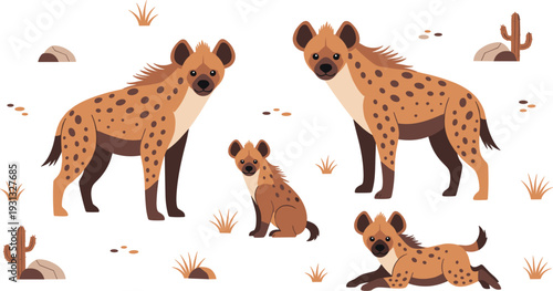 Cute Spotted Hyena Character Family Set with Adult and Cub Poses Featuring Desert Cactus and Grass Elements for Wildlife Education and Safari Graphic Designs