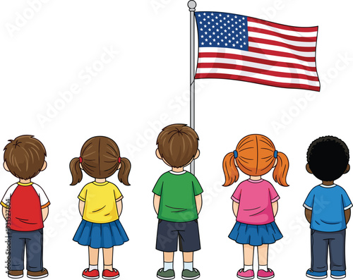 Diverse Group of School Children Standing and Facing the American Flag for Patriotic Education, Fourth of July, Veterans Day, and School Classroom Decorative Designs