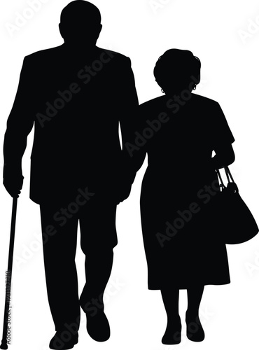 Couple walking silhouette illustration, elderly support with cane, companionship design, black vector art, relationship symbol, peaceful lifestyle graphic
