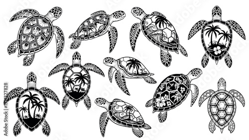 Collection of Detailed Turtle Illustrations with Tropical Motifs.