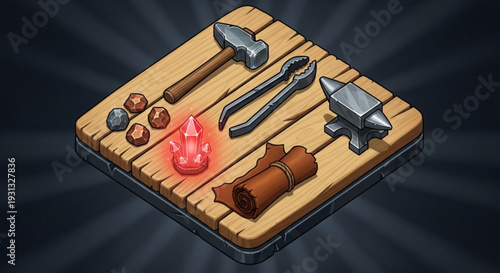 Wooden board with metal tools and glowing embers for crafting and diy projects in a workshop