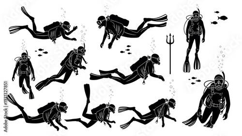 Collection of Diverse Scuba Divers in Action Underwater.