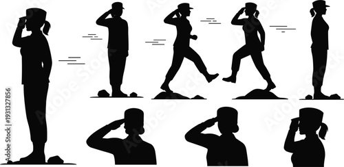 Female Soldier Silhouette Set Featuring Military Woman Saluting, Marching, and Standing for Veterans Day, Memorial Day, Army Recruitment, and Patriotic Honor Designs