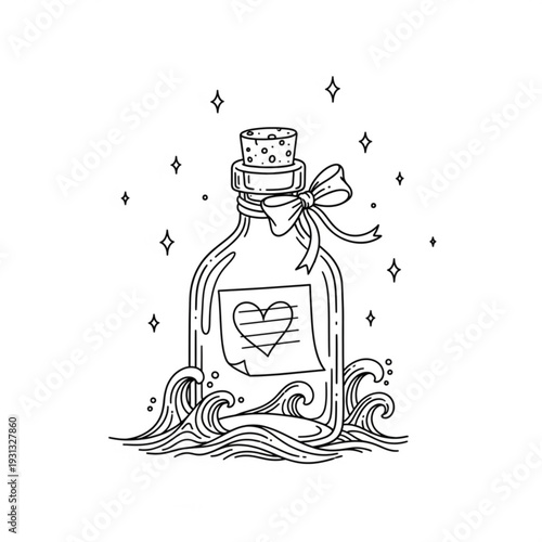 A black and white vector illustration of a message in a bottle with a heart on it, surrounded by waves and stars.