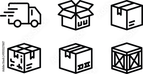 Delivery Truck and Cardboard Package Icon Set, Shipping Logistics Collection, Outline Vector Illustration Isolated