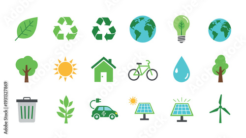 Collection of eco-friendly icons representing environmental sustainability and green living.
