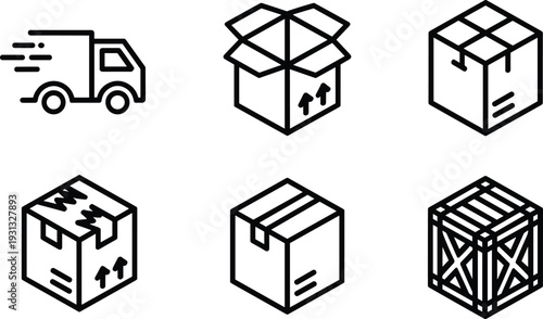 Delivery Truck and Package Box Icon Set, Shipping Logistics Collection, Line Vector Illustration Isolated