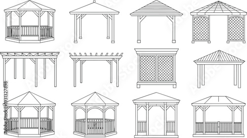 Gazebo and Pergola Line Art Collection, Garden Pavilion Structure Set, Outline Vector Illustration Isolated