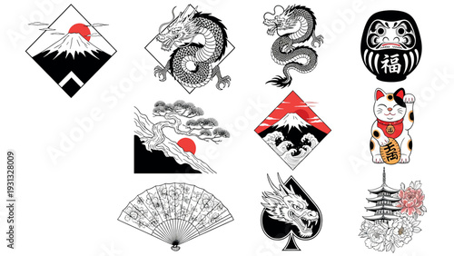 Collection of Japanese cultural icons and symbols.