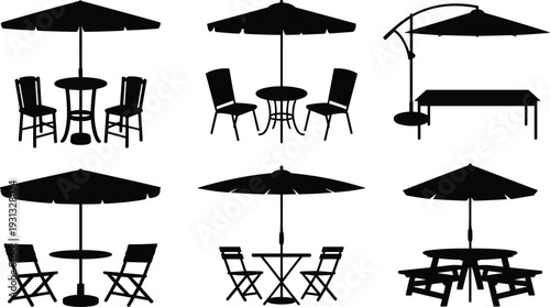 Outdoor Patio Umbrella Furniture Silhouette Collection, Garden Table and Chair Set, Black Vector Illustration Isolated
