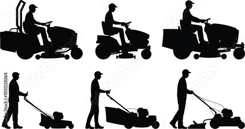 Riding Lawn Mower and Gardener Silhouette Collection, Grass Cutting Service Set, Black Vector Illustration Isolated