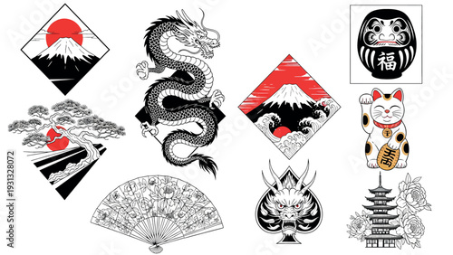 Collection of Japanese cultural symbols and iconic imagery.
