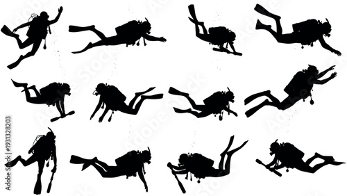 Collection of Scuba Diver Silhouettes in Various Poses Underwater.