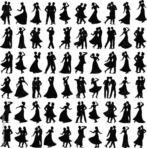 Dancing silhouette grid illustration, ballroom couples, elegant dance poses, formal attire, expressive movement art, black vector design pattern silhouette 