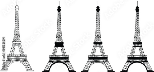 Eiffel Tower illustration set, Paris landmark variations, black silhouette designs, iconic architecture art, French travel symbol, vector graphic collection