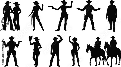 Western Cowboy and Cowgirl Silhouette Collection, Wild West Sheriff Characters Set, Black Vector Illustration Isolated