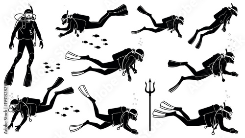 Collection of Scuba Divers in Various Underwater Poses.
