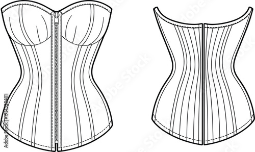 Women's corset top CAD drawing, flat vector illustration with front and back views, fashion technical garment template