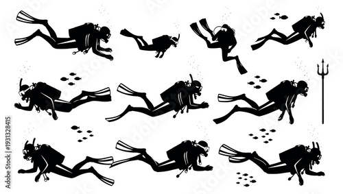Collection of Scuba Divers Silhouettes in Various Poses Underwater.